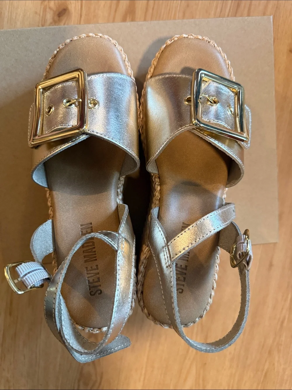 NEW Steve Madden Gold Metallic Wedge Sandals with Buckle